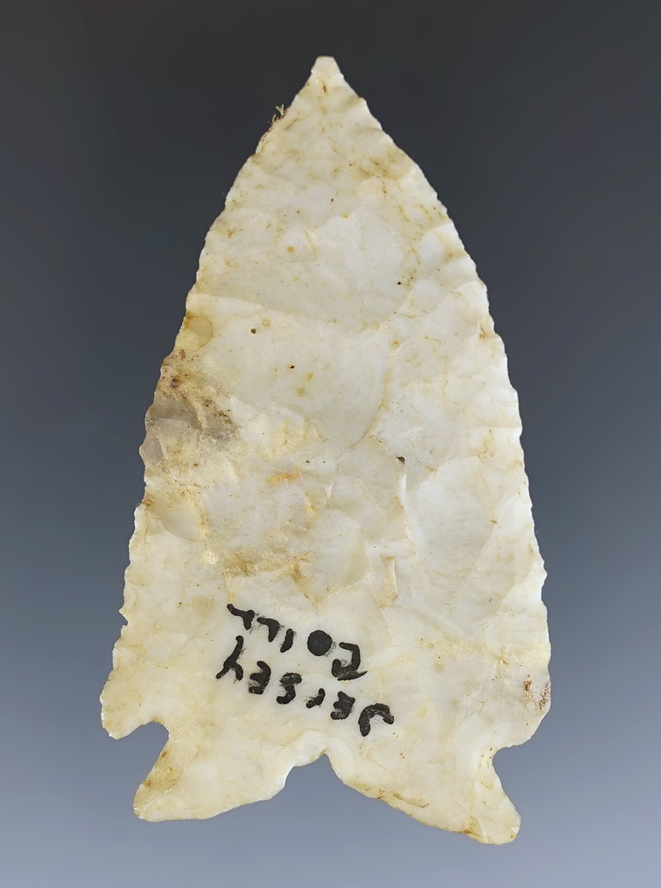 2 9/16" Kirk Corner Notch found in Jersey Co., Illinois. Comes with a Dickey COA.