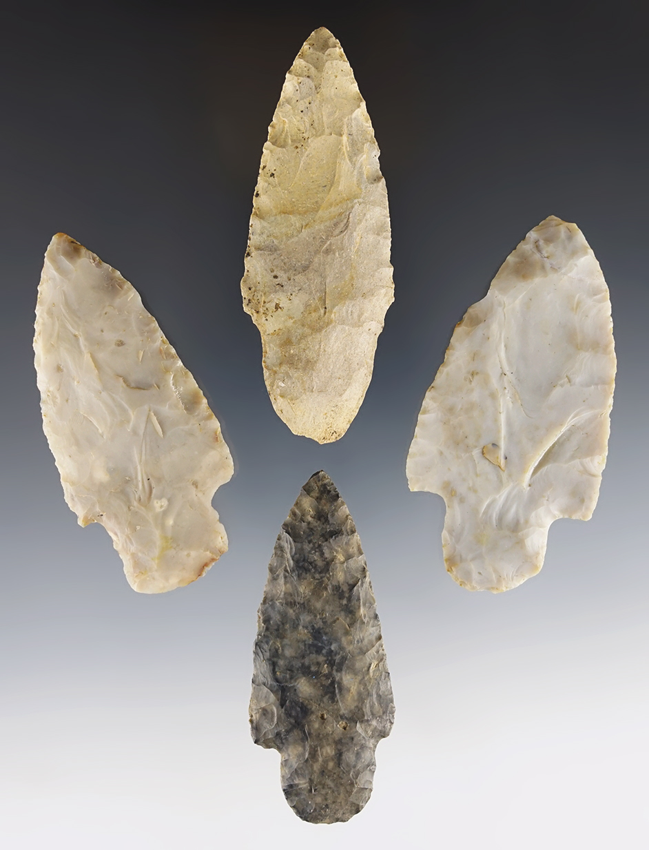 Set of four classic Ohio Adena points. The largest is 3 3/16".