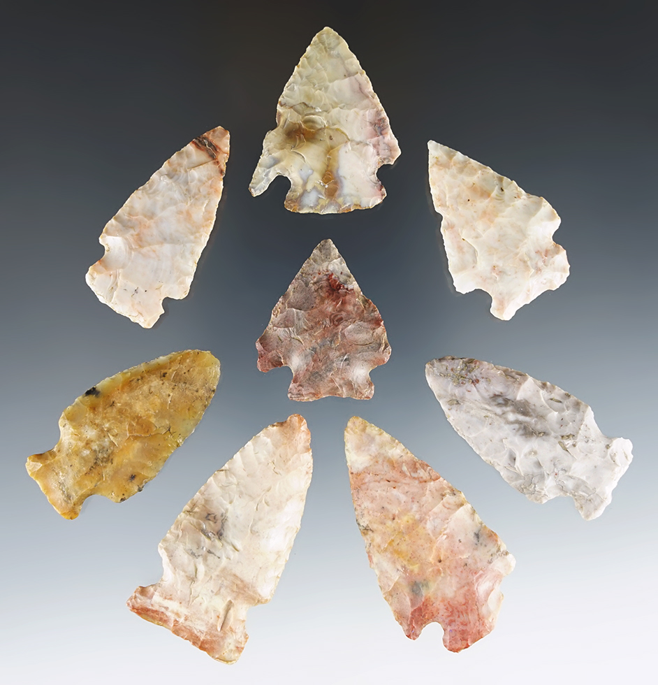 Set of 8 colorful Ohio points made from beautiful Flint Ridge Flint. The largest is 2 1/8".