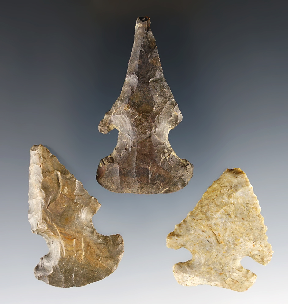 Set of three Archaic Thebes points found in Ohio. The largest is 2 7/16".