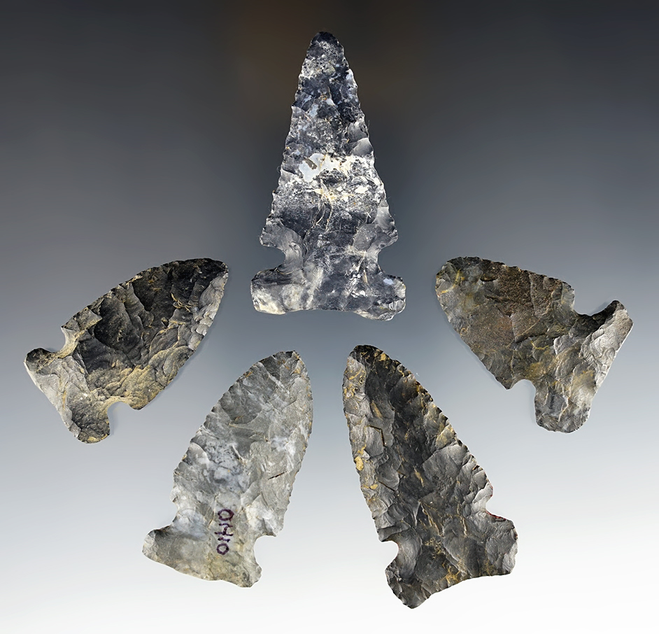 Set of 5 classic Archaic Big Sandy points made from Coshocton Flint. All are from Ohio.