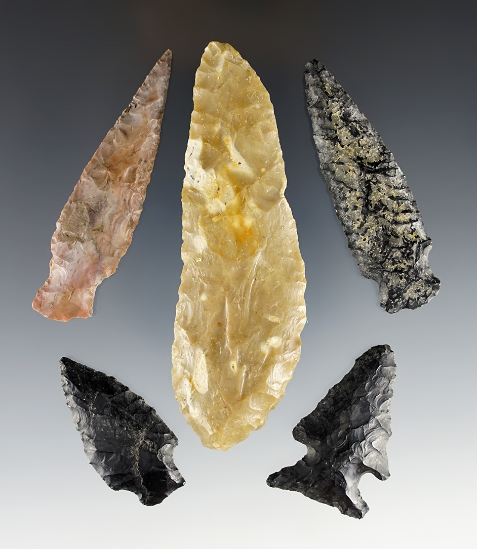 Set of 5 points found in Clackamas Co., Oregon. The largest is 3 11/16".