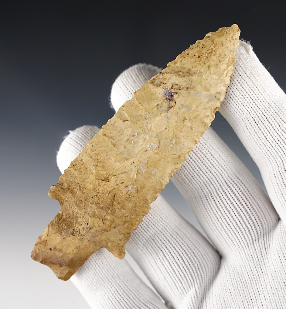 Lightly serrated  4 1/8" Kirk Stemmed found in Jasper Co., Illinois. Dickey COA.