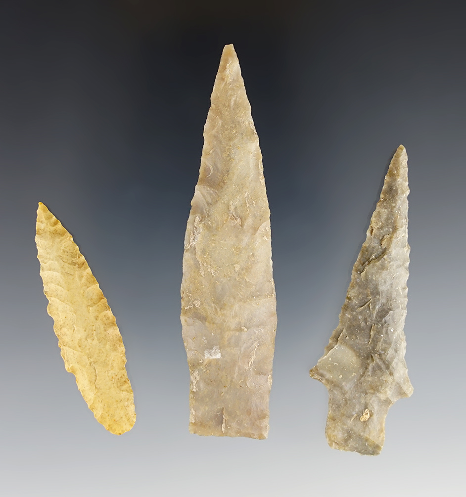 Set of three well made Texas points including a 3 3/16" Travis and a 2 1/2" Wells. COA's.