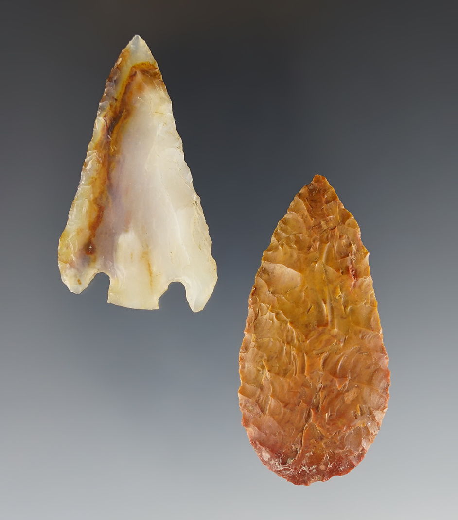 2 1/8" Jasper Blade and a 1 15/16" Agate Hells Canyon Basal Notch found in Oregon.
