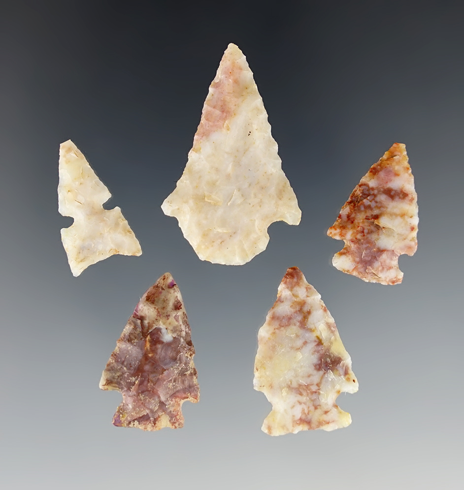 Set of 5 highly colorful Alibates points found around Palo Duro Canyon, Amarillo, Texas.