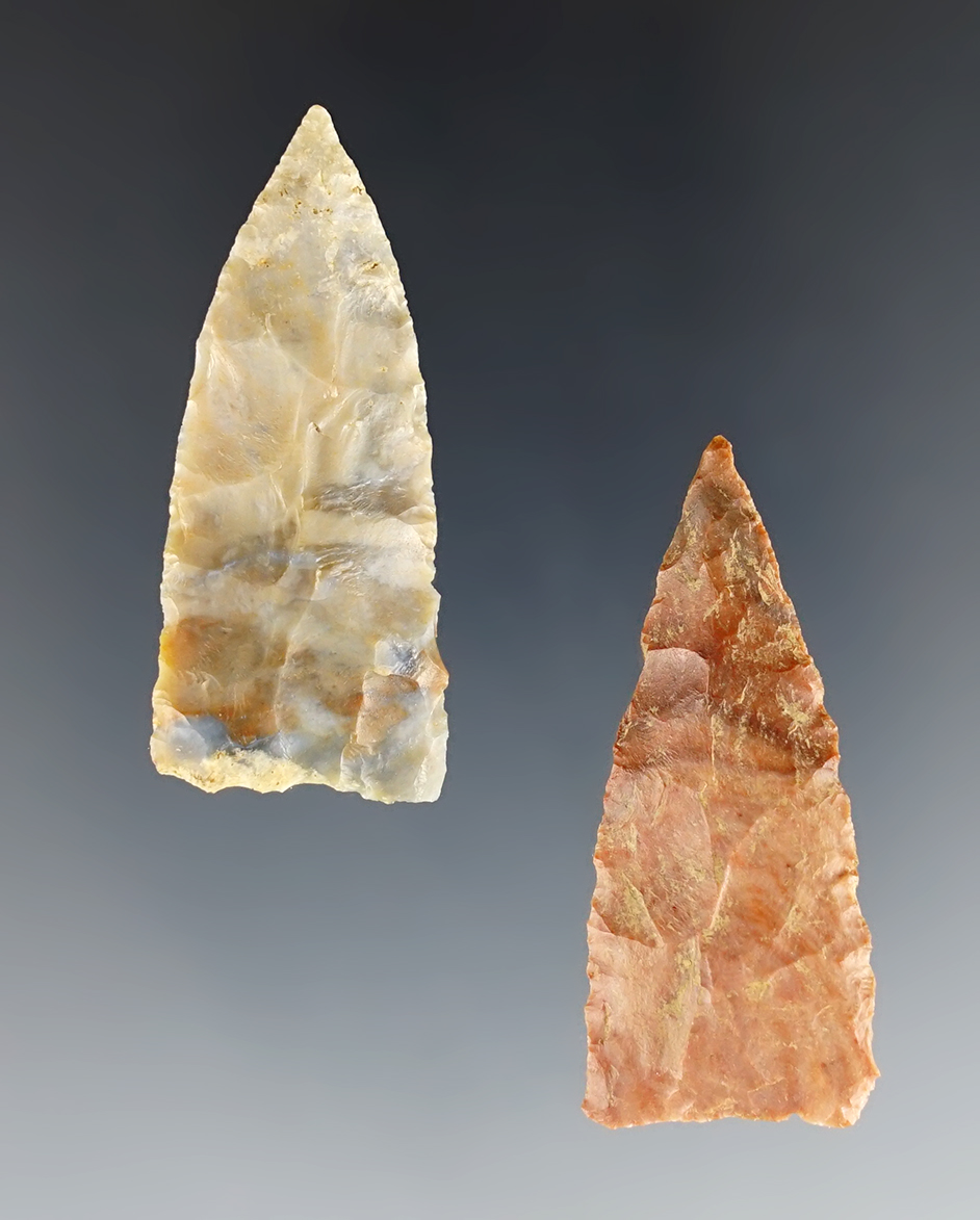 Pair of colorful Ft. Ancient Triangle points found in Trimble Co., Kentucky. COA.