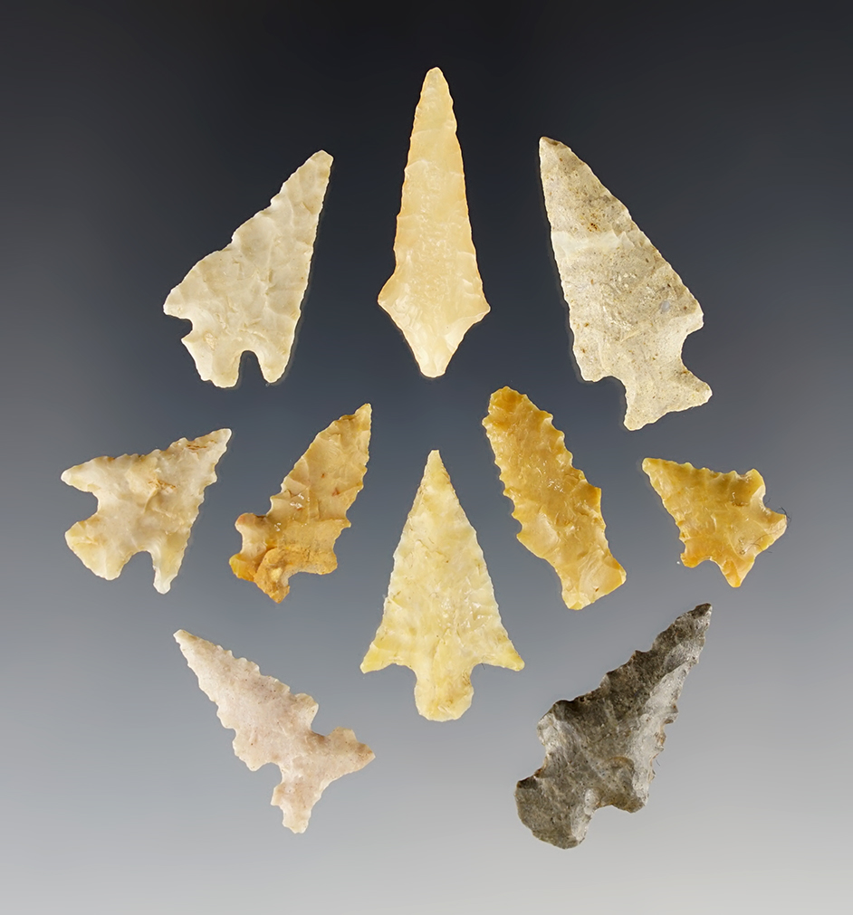 Set of 10 nicely made Birdpoints found in the Texas/Oklahoma area. Largest is 1 1/4".