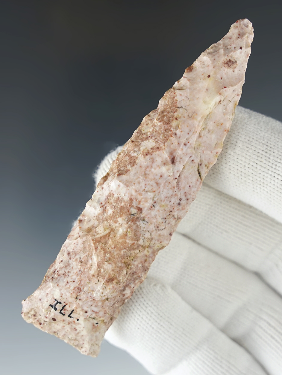 3 1/2" Rice Side Notched found in Macoupin Co., Illinois. Comes with a Dickey COA.