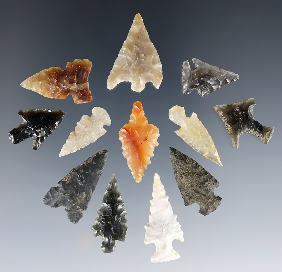 Set of 12 well made Gem Points found in the Western U.S. The largest is 1".