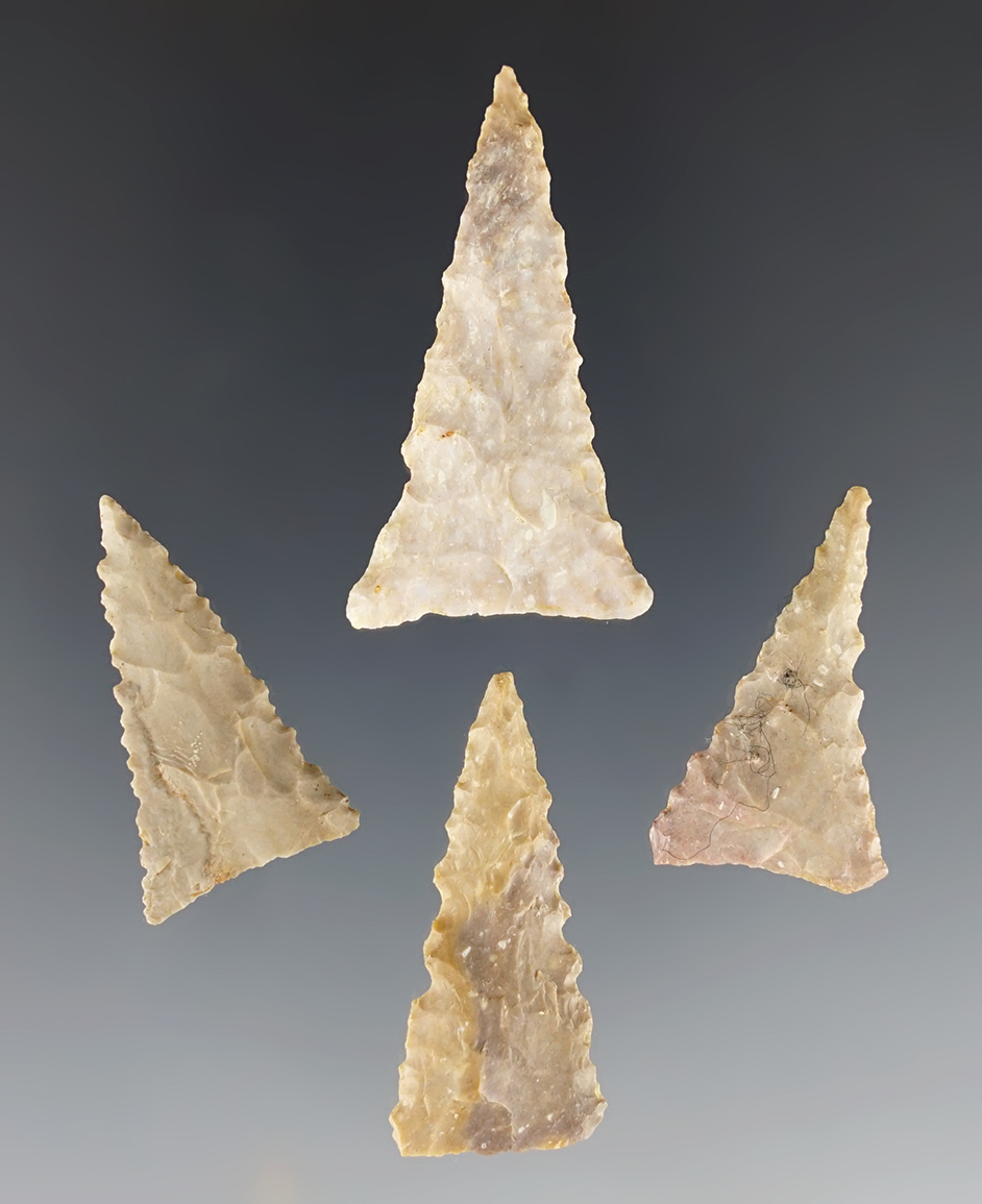 Set of four serrated Ft. Ancient Triangle points found in Clark Co., Kentucky.
