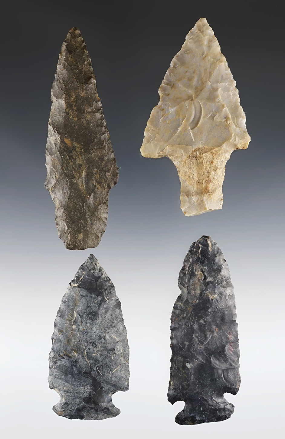 Set of four Ohio points including a Dovetail with slight tip damage. The largest is 3 3/4".