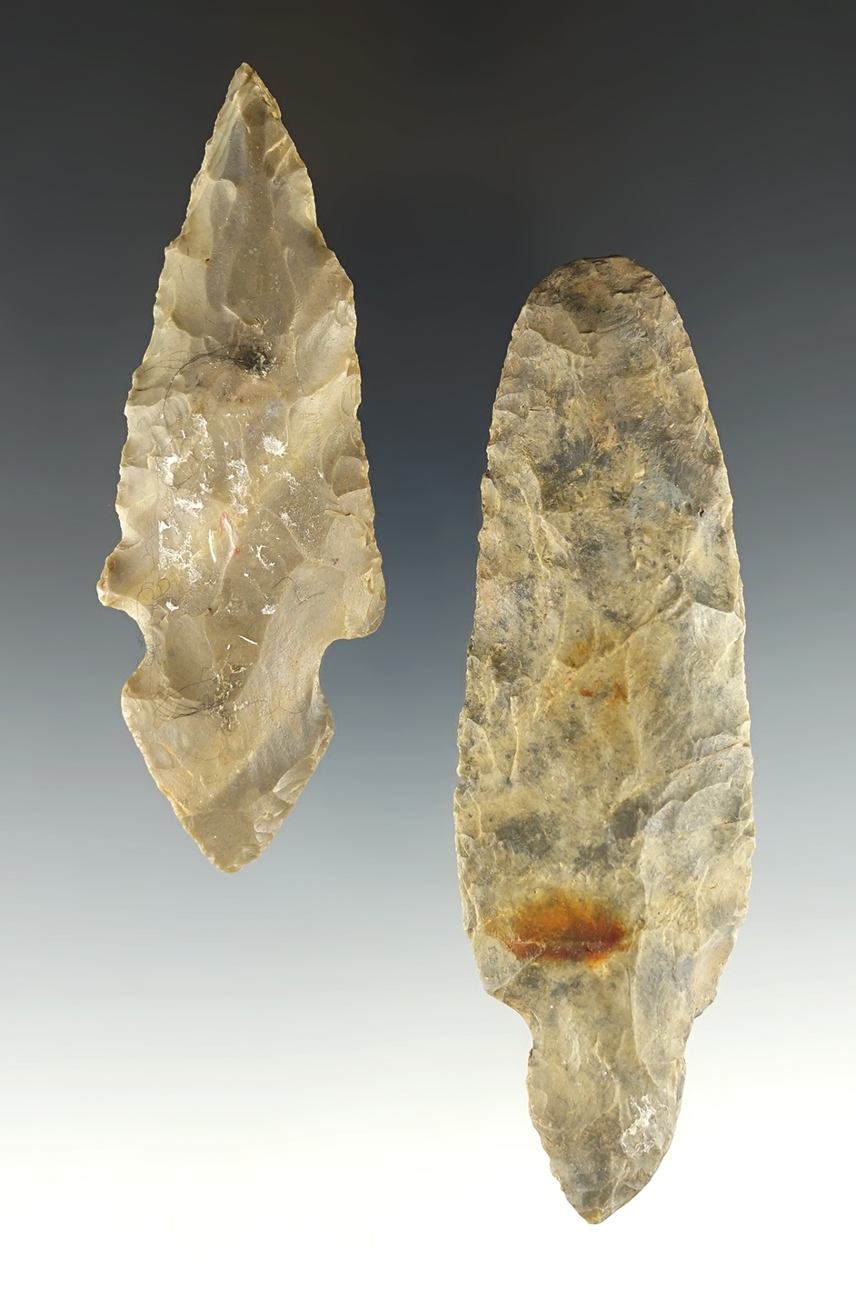 Pair of Turkeytail points- Hornstone. From Michigan and Meade Co., Kentucky.  COA's.