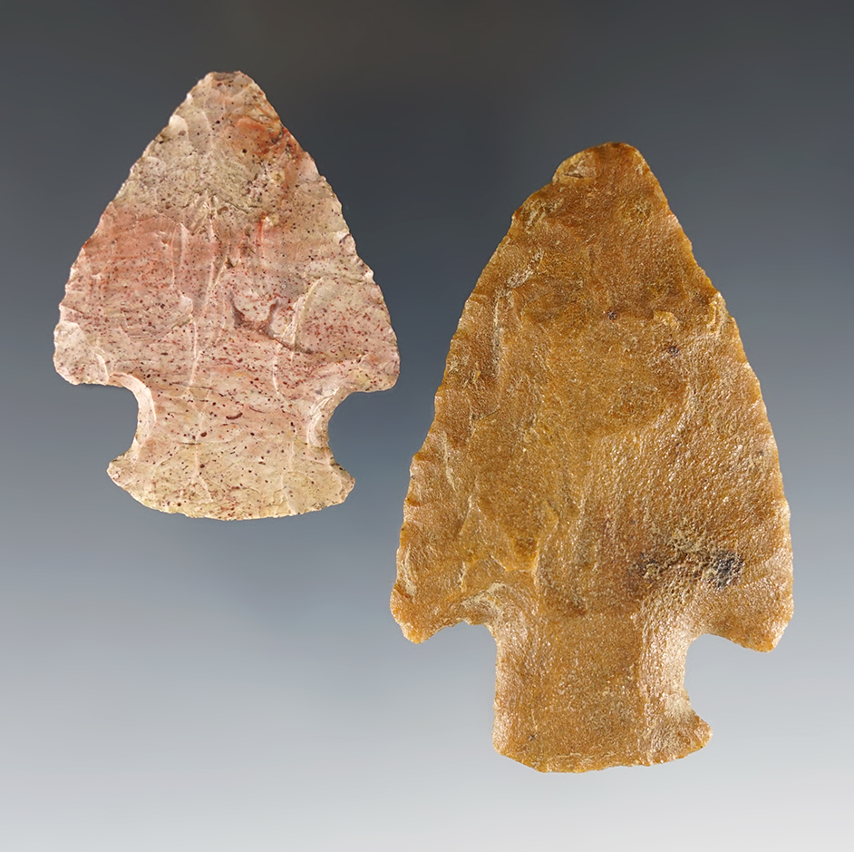 Pair of nice Hopewell points from Wisconsin and Missouri. The larger is 3".
