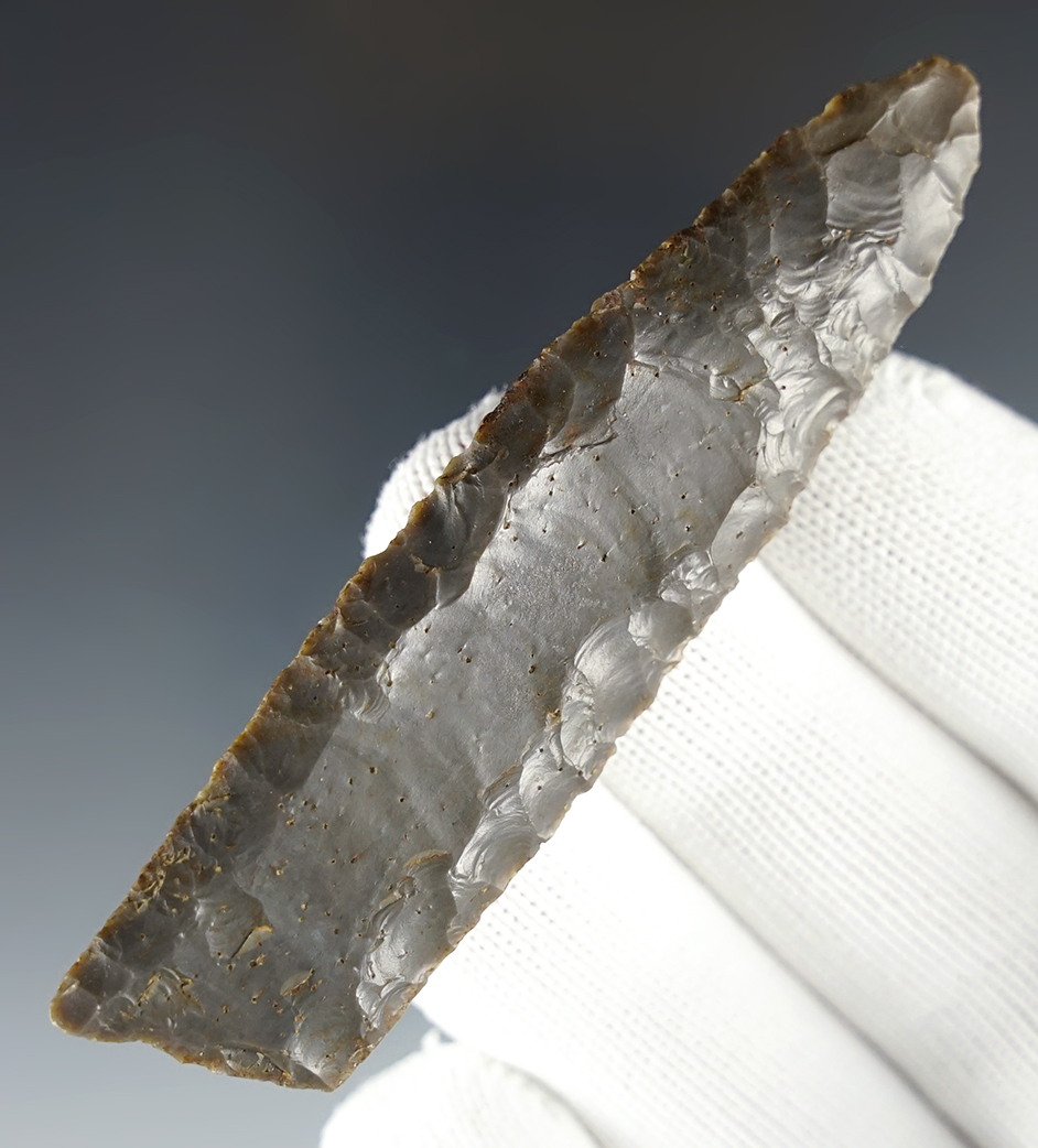3 5/16" Paleo fluted Cumberland made from Hornstone. Recovered in Bell Co., Kentucky.