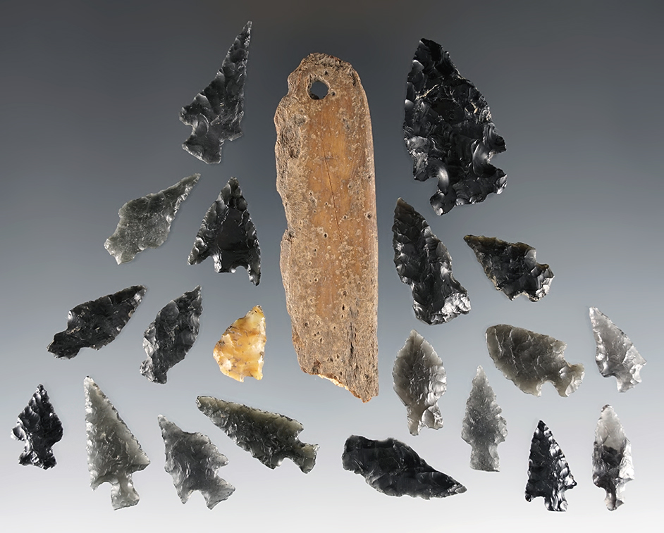 Set of 21 points and bone Pendant section. Found around Fort Rock Valley, Lake Co., Oregon.