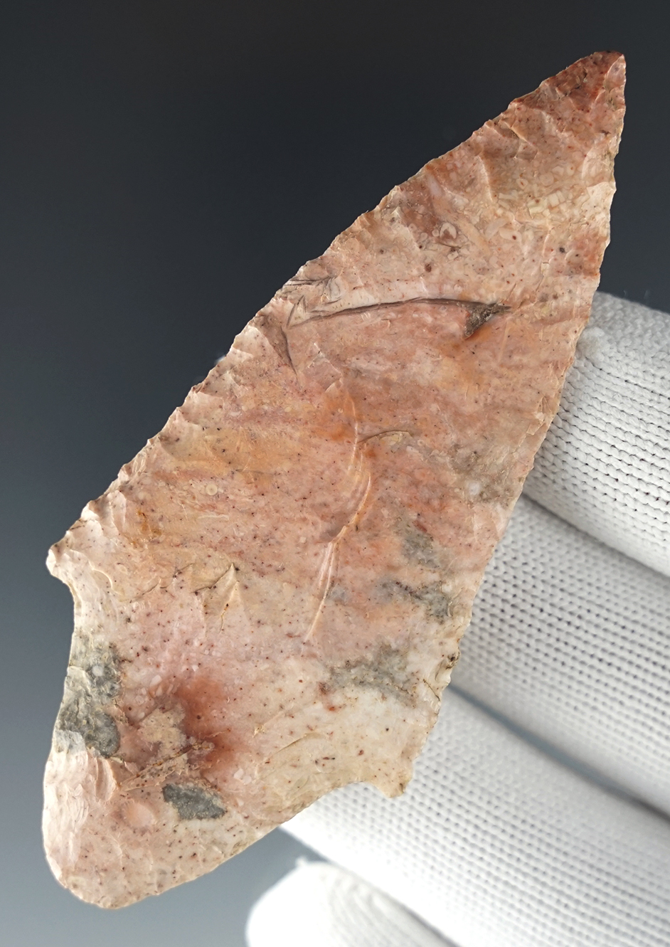3 3/8" Adena made from highly colorful Burlington Chert. Found in Madison Co., Illinois.