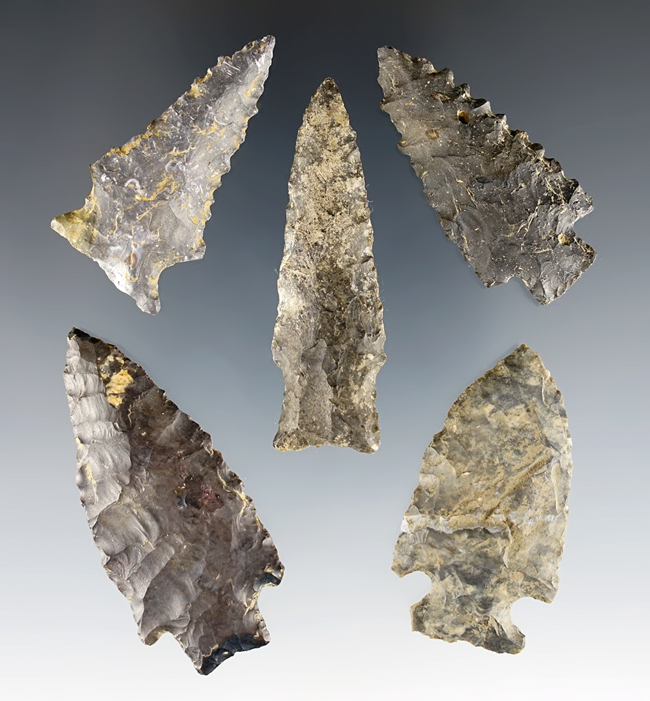 Set of 5 Ohio points made from Coshocton Flint. All are in good condition.