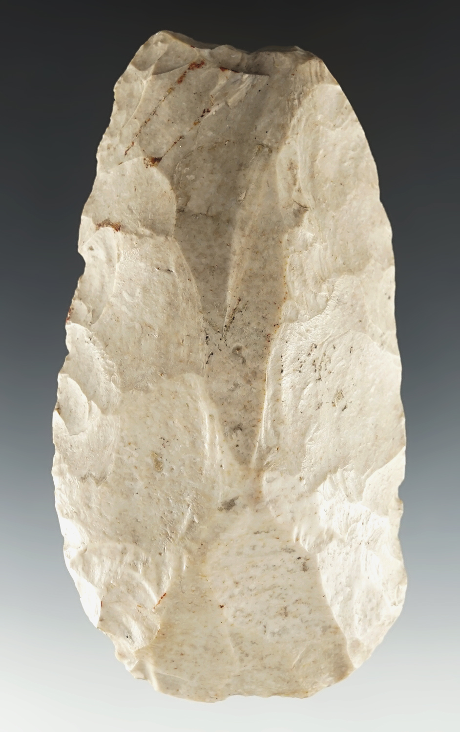 4 13/16" x 2 9/16" Flint Hoe made from Burlington Chert. Nice use polish. Found in Illinois.