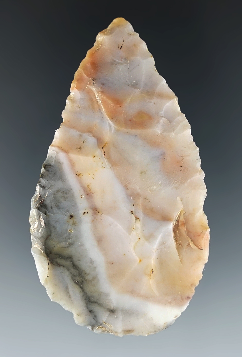2 3/4" colorful Flint Ridge Flint Adena Blade recovered in Licking Co., Ohio. Ex. Paul Fletcher.