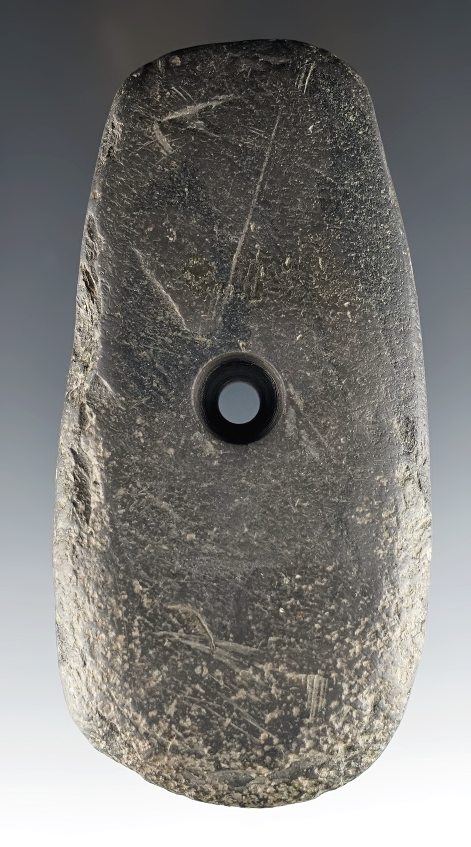 Nicely made 4 3/16" Slate Pendant found in Morrow Co., Ohio. Ex. George Heckman.