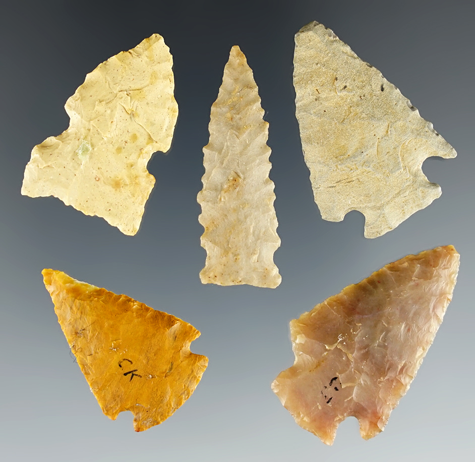 Set of 5 assorted Wyoming points in nice condition. Ex. Gregory Perino. The largest is 1 1/2".