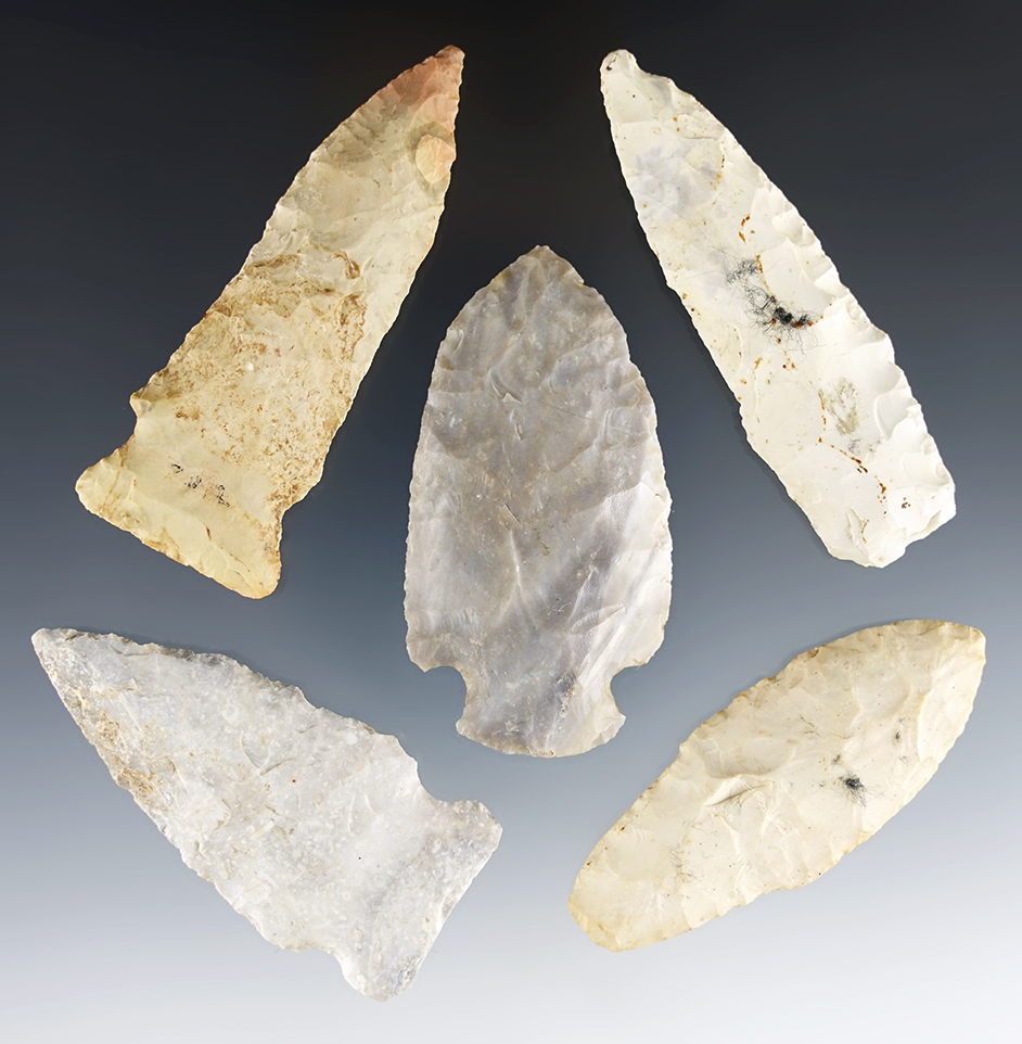 Set of 5 nice Missouri points. Ex. Charlie Long. The largest is 3 1/4".
