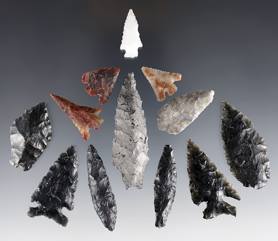 Set of 12 assorted points including a 2 5/16" Gatecliff Split Stem. Found in Lake Co., Oregon.
