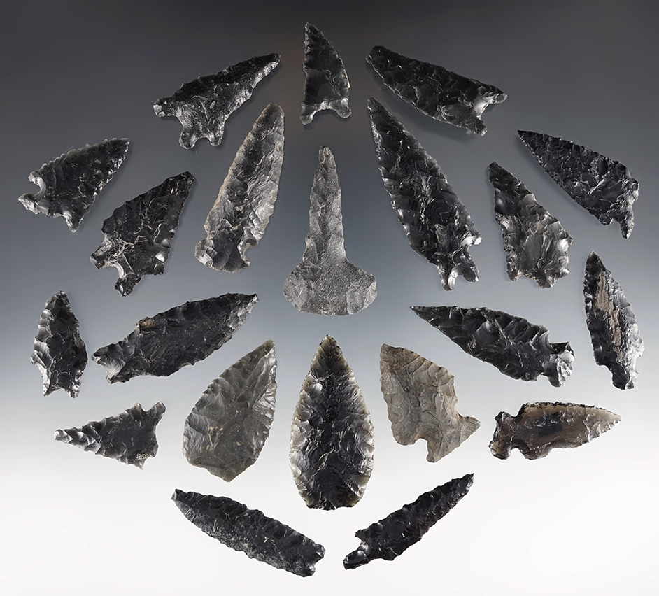 Set of 21 assorted points found by Robert A. Wilson in the 1940's, Klamath Co., Oregon.