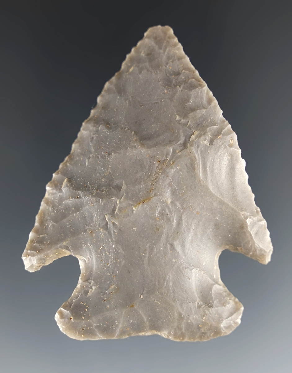 2 1/4" Lost Lake made from gray Hornstone. Found in Indiana. Ex. William Huntsman, Hesse.