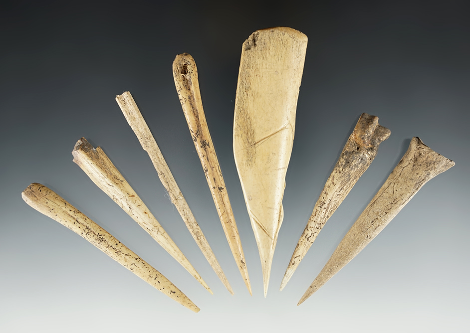 Set of 7 Bone Awls recovered in the Kentucky area. Largest is 4 3/8".