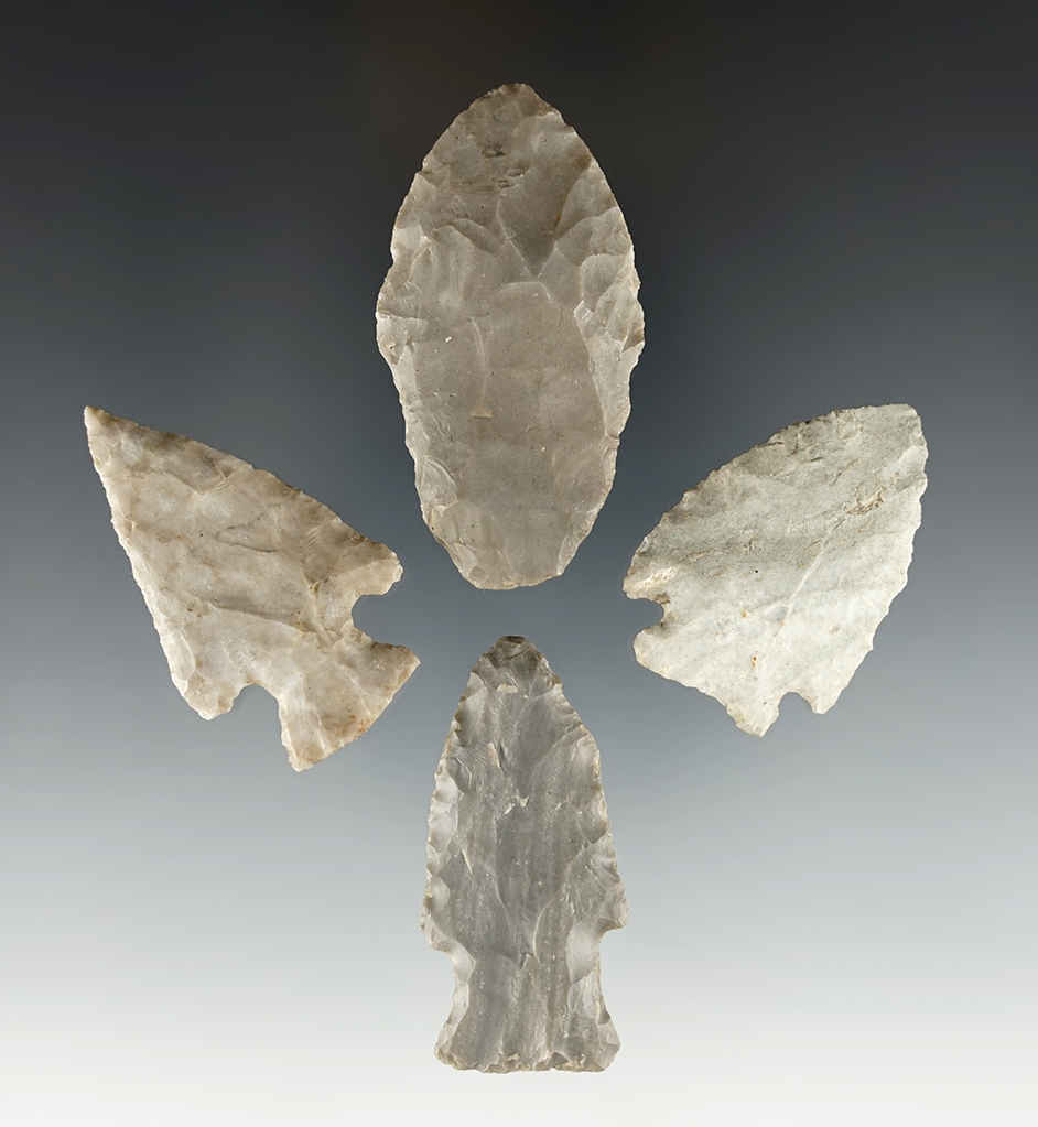 Set of 4 points found in Vermilion Co., Illinois. One is made from Attica Chert. Ex. T. Martin.