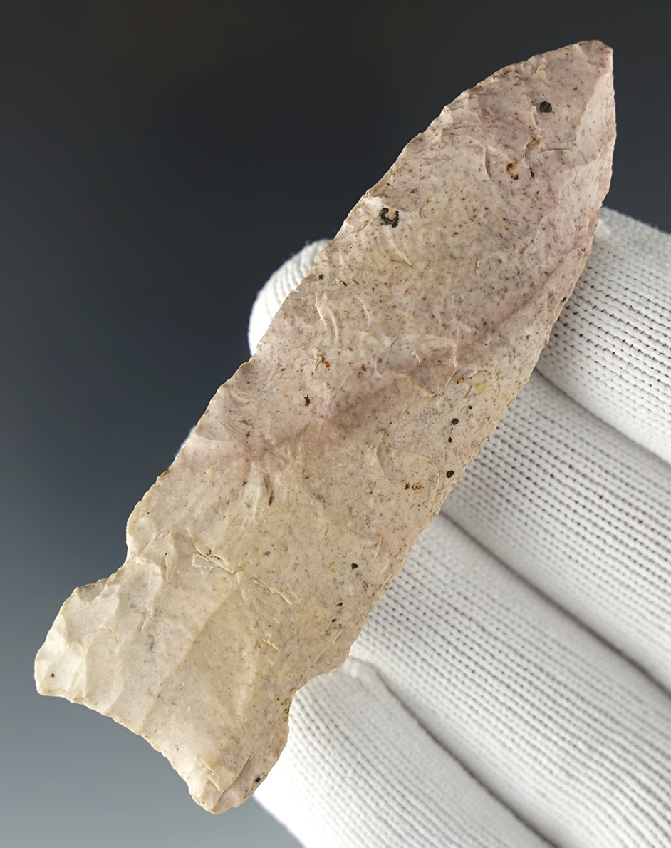3 3/8" Osceola made from pink Burlington Chert. Found in Pettis Co., Missouri. Bennett COA.