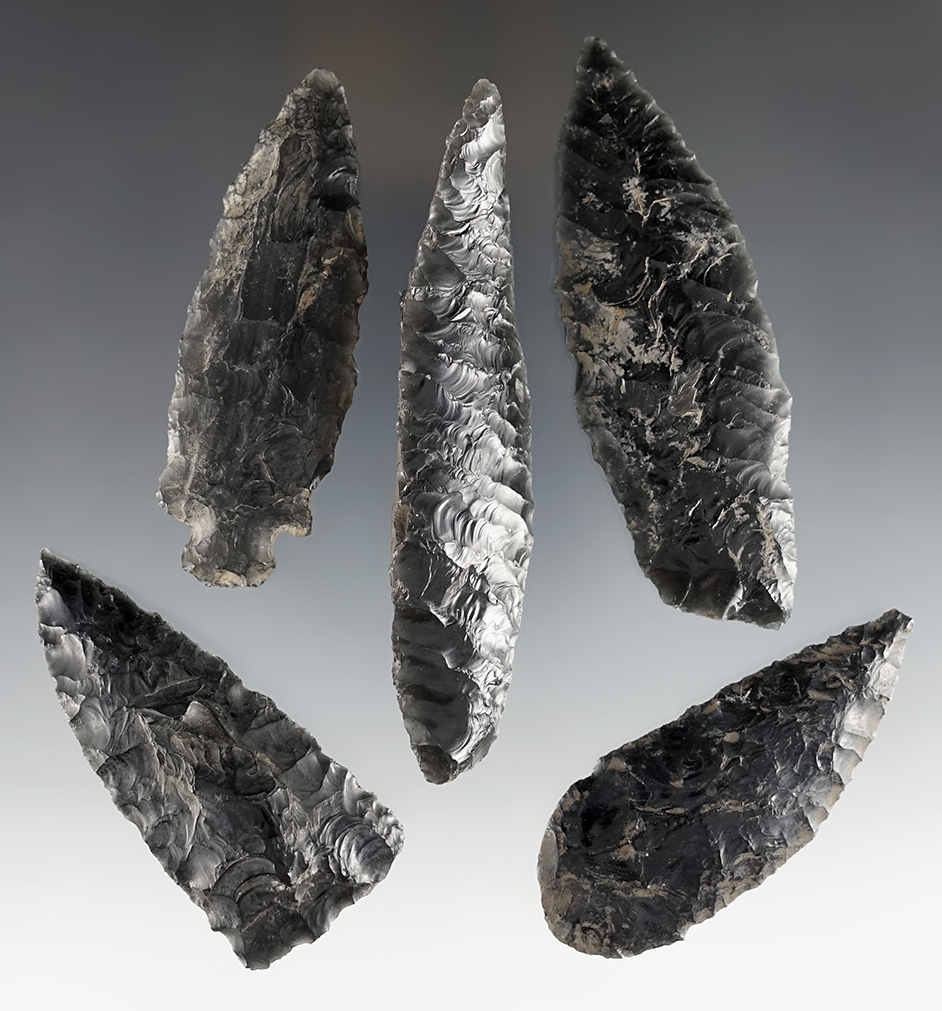 Set of 5 Obsidian artifacts found by Robert A. Wilson in the 1940's in Klamath Co., Oregon.