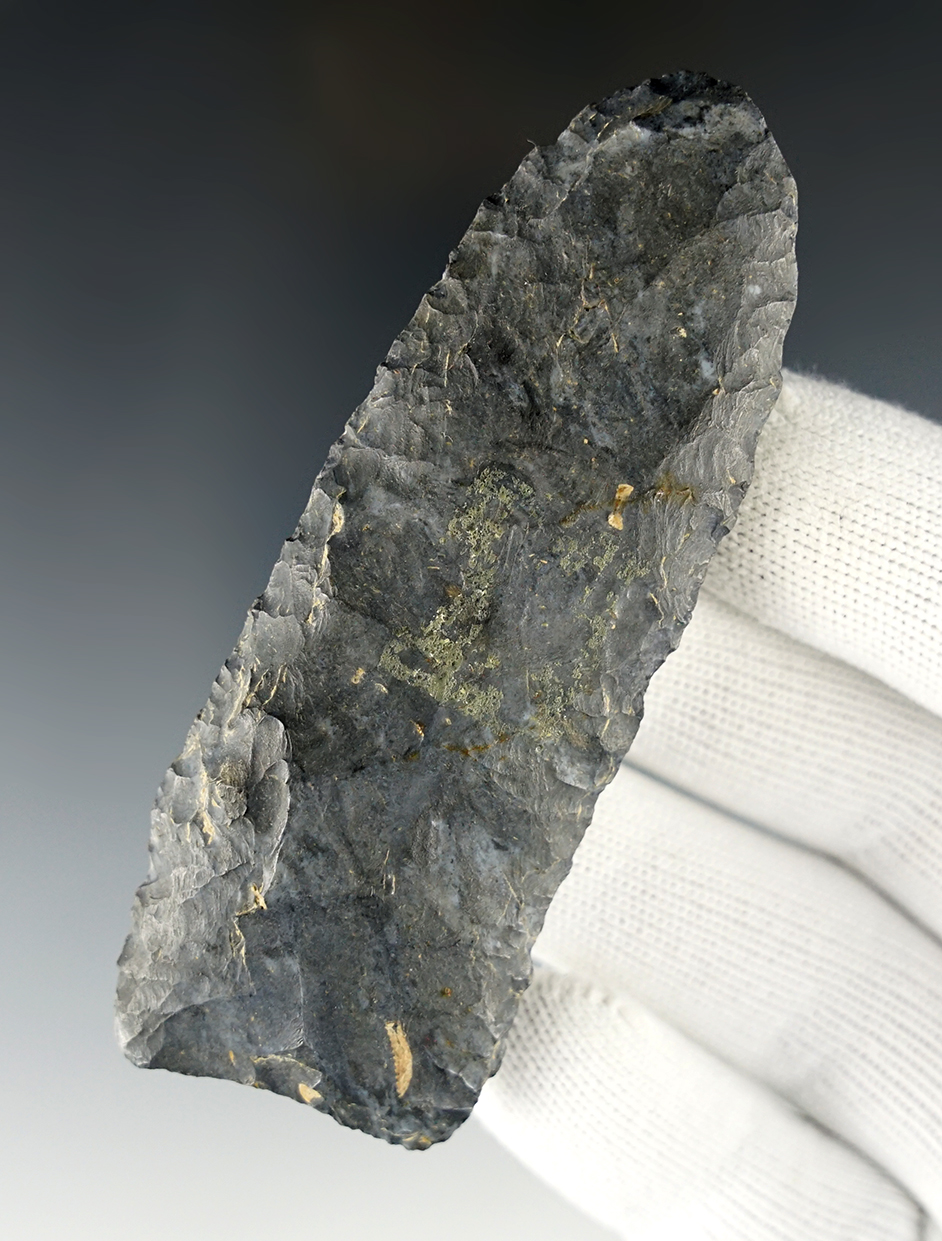 Well made 3 9/16" Coshocton Flint Paleo Knife found on the Cook Farm, Miami Co., Ohio.