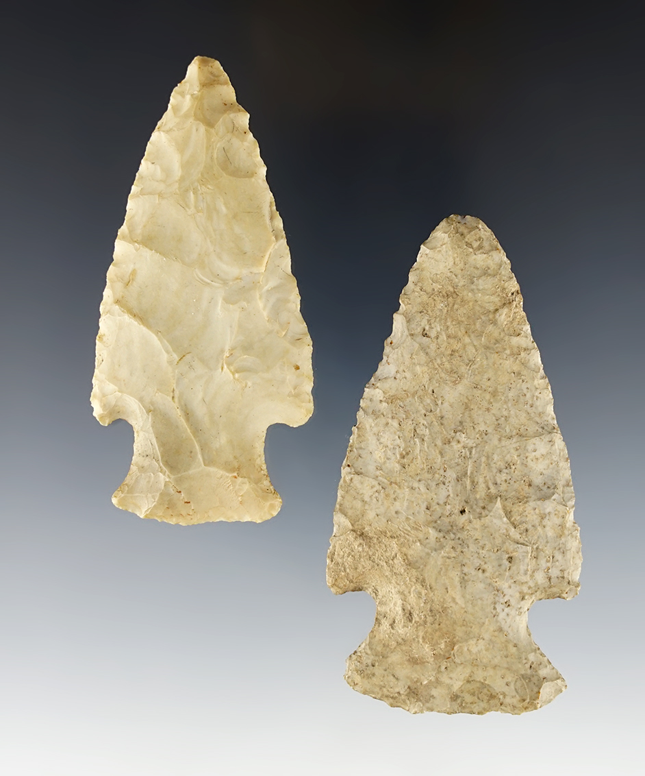Pair of Classic Ohio Hopewell points in nice condition. The larger is 3 1/8".