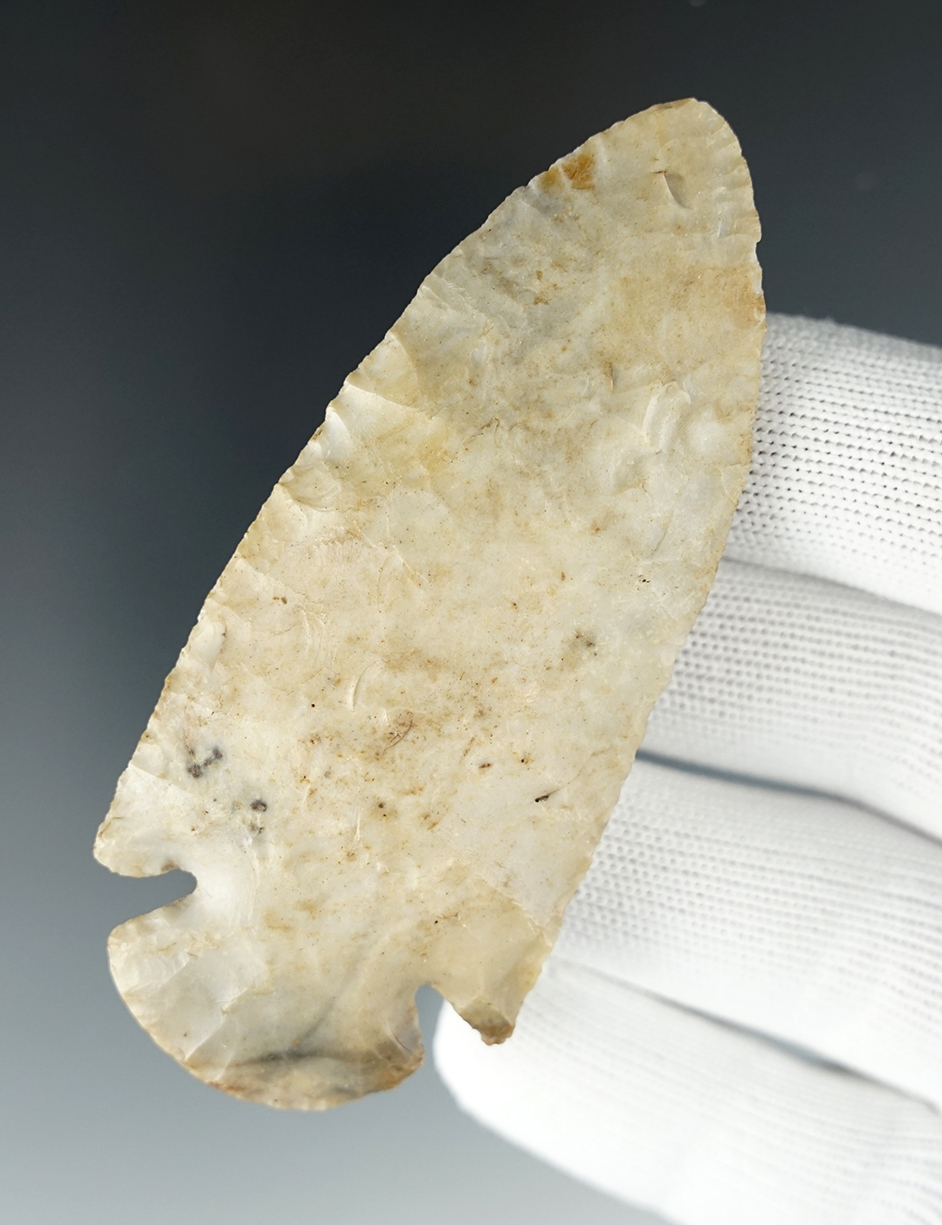 3 1/2" Archaic Dovetail made from patinated Burlington Chert. Found in St. Clair Co., Illinois.