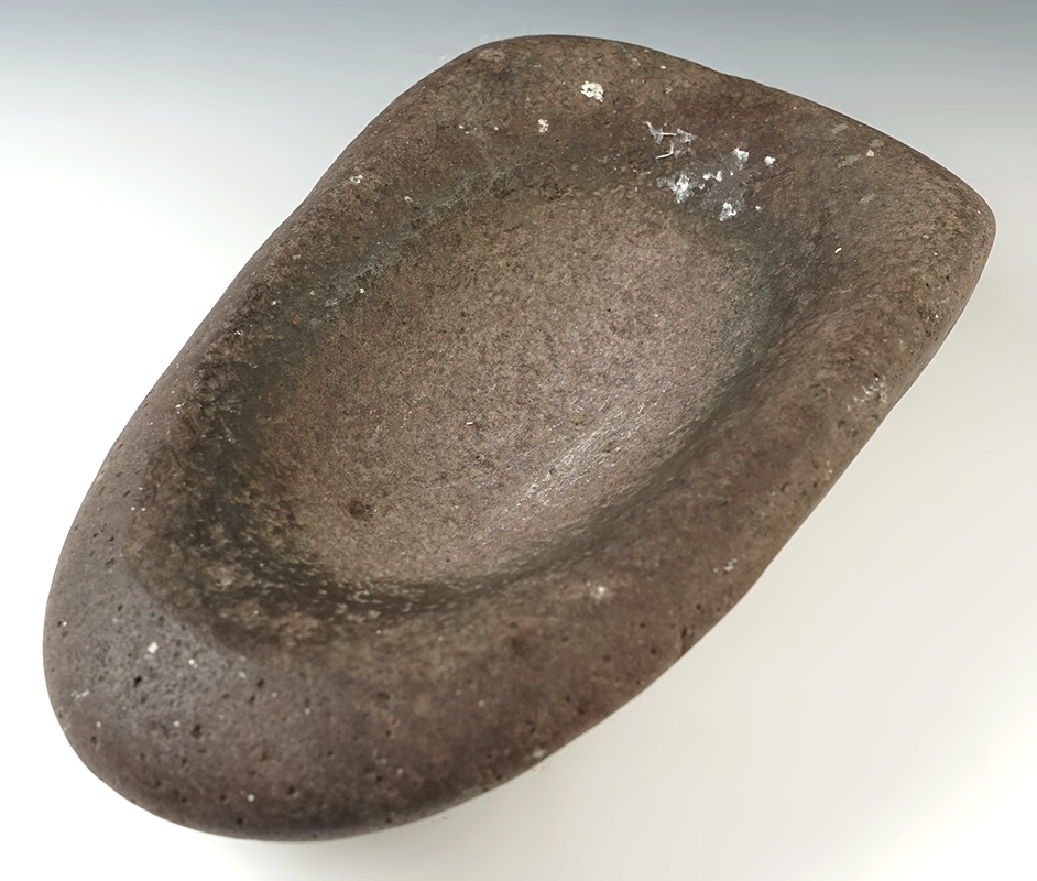 12 1/4" x  7 3/4" nicely made cupped Stone Bowl. Weighs over 15 pounds. Western U.S.