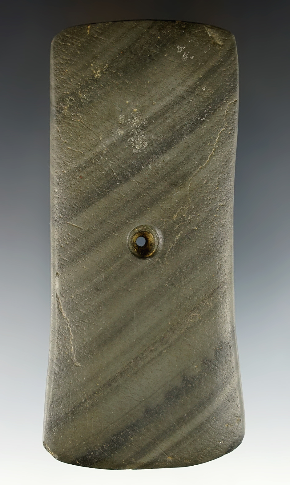 4 13/16" Pendant made from green and black Banded Slate. Found in Ohio. Ex. Fred Havens.