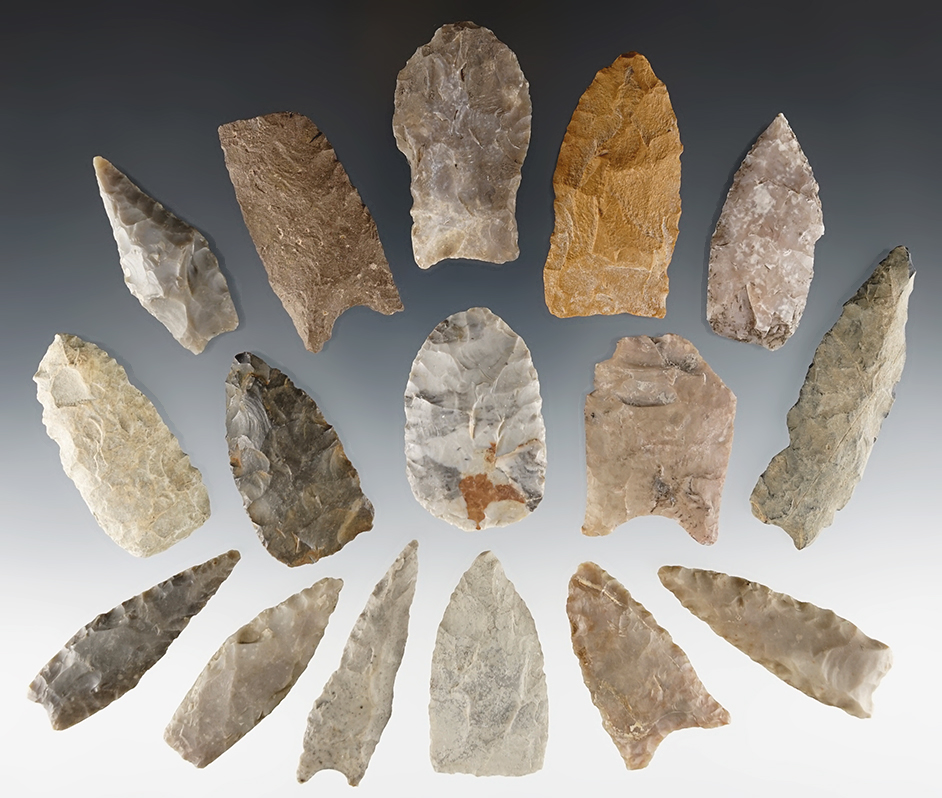 Set of 16 assorted Texas points including some Paleo. Found in Williamson Co., Texas.