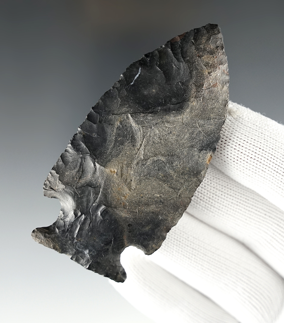 3 1/8" Archaic Fishspear - large for the type. Made from Coshocton Flint, Logan Co., Ohio.