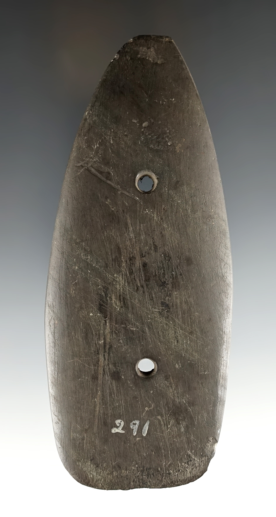 5 7/16" Ohio Glacial Kame Coffin Gorget. Made from Slate with excellent age on the surface.