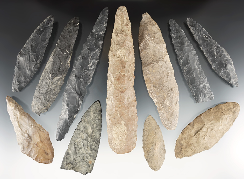 Group of 11 assorted large blades and knives found near the Columbia River in Oregon.