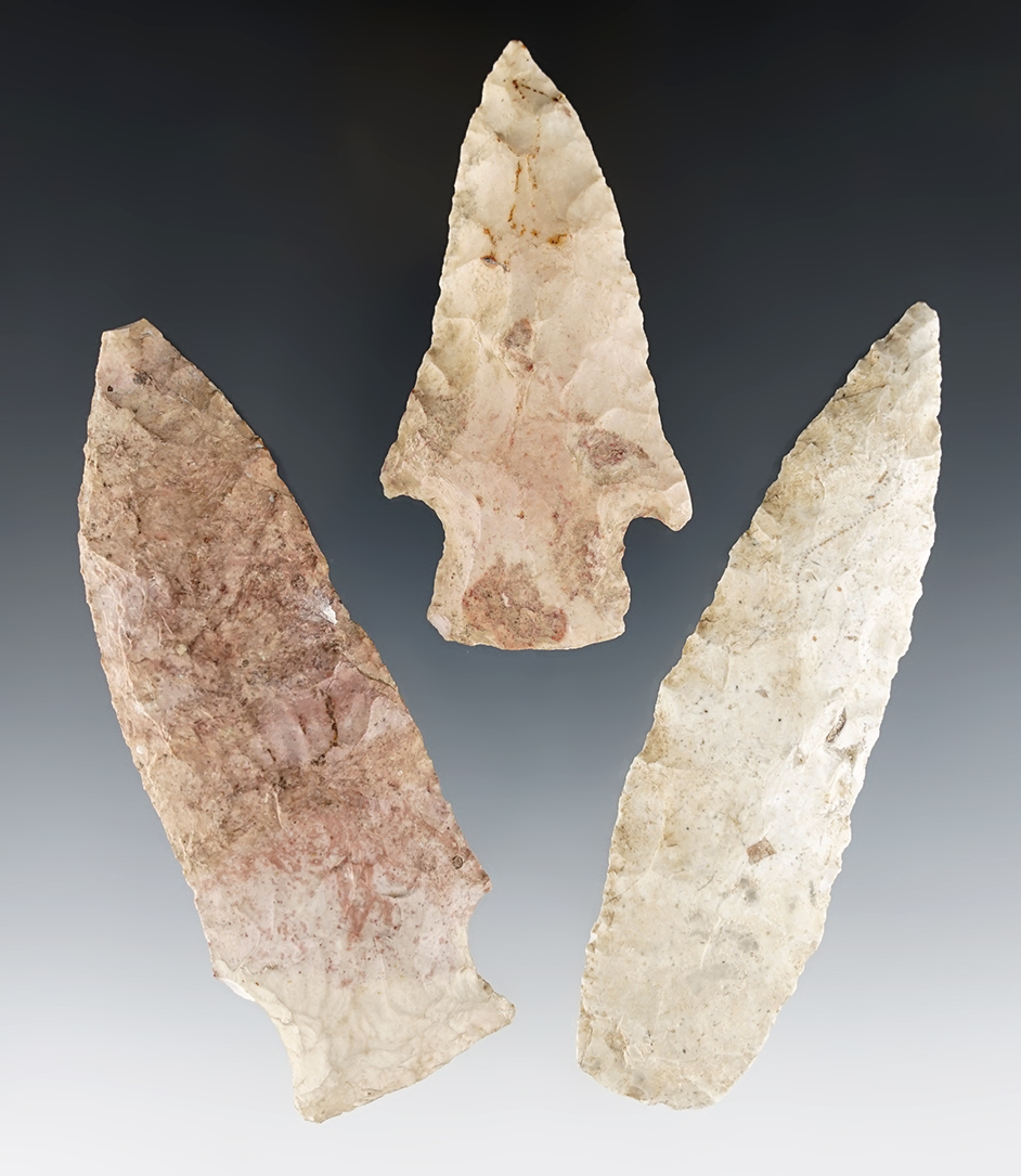 Set of 3 Missouri Knives made from Burlington Chert. Largest is 4 1/4".