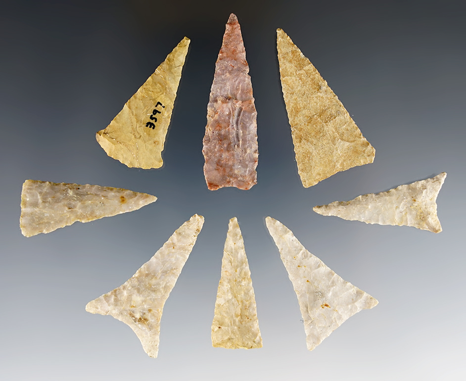 Set of 8 Triangle points found in Clark Co., Kentucky by Charlie Long. The largest is 2".