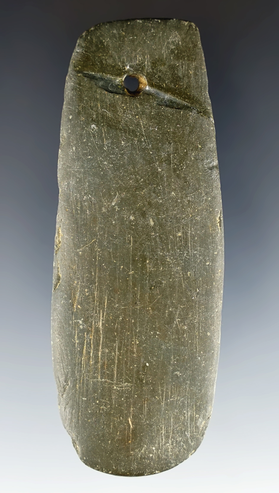 3 3/4" Slate Pendant that is broken and glued at the top. Found in Huron Co., Ohio.