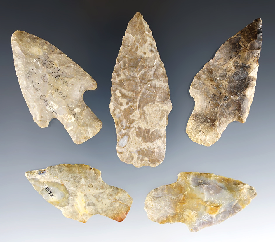 Set of 5 Kentucky Adena points in good condition. Ex. Charlie Long. The largest is 2 7/8".