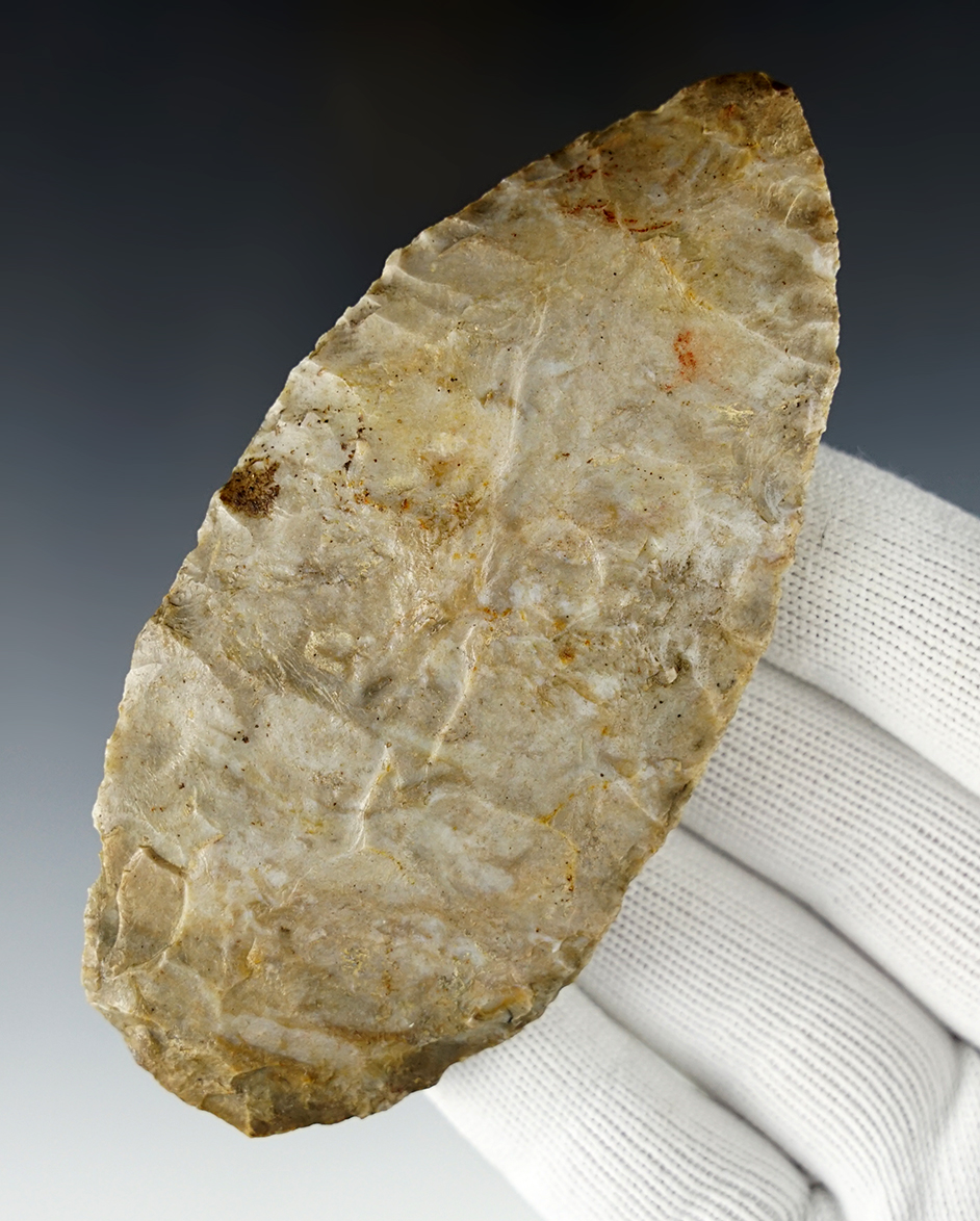 Heavily patinated 4 5/16" Knife made from Coshocton Gray Flint. Found in Wood Co., Ohio.