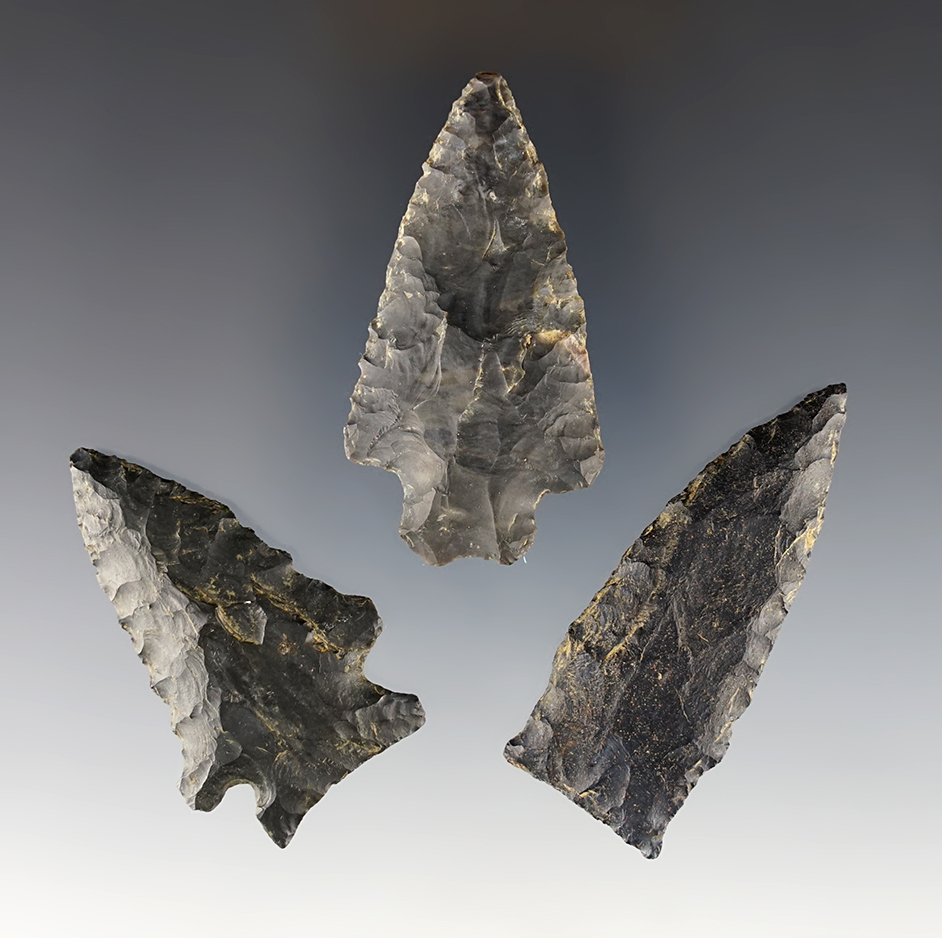 Set of three nice Ohio points made from Coshocton Flint. The largest is 2 3/8".