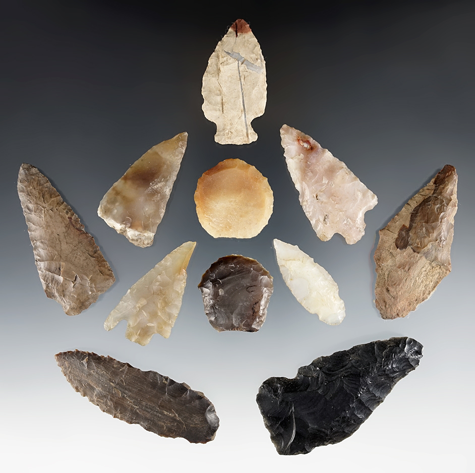 Group of 11 assorted artifacts recovered in Clackamas Co., Oregon. Largest is 2 1/2".
